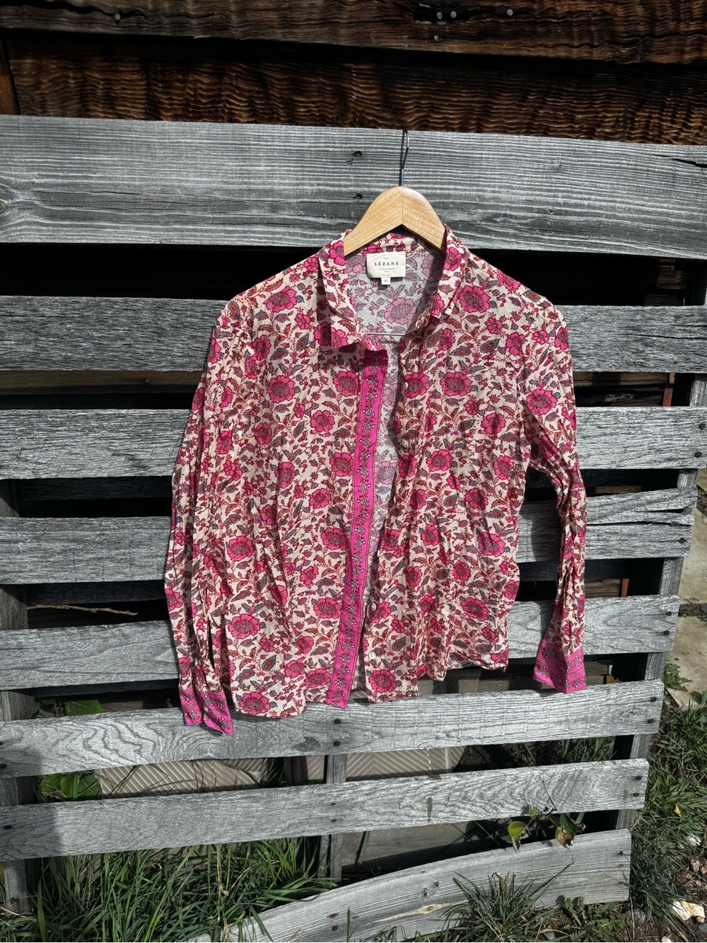 Sezane Pink Floral Cotton Button-Down Shirt